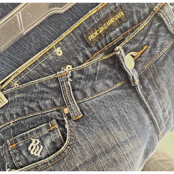 Rocawear Bootcut Jeans Womens 3 Blue Patchwork Denim Rhinestones Classic Retro - Picture 6 of 9